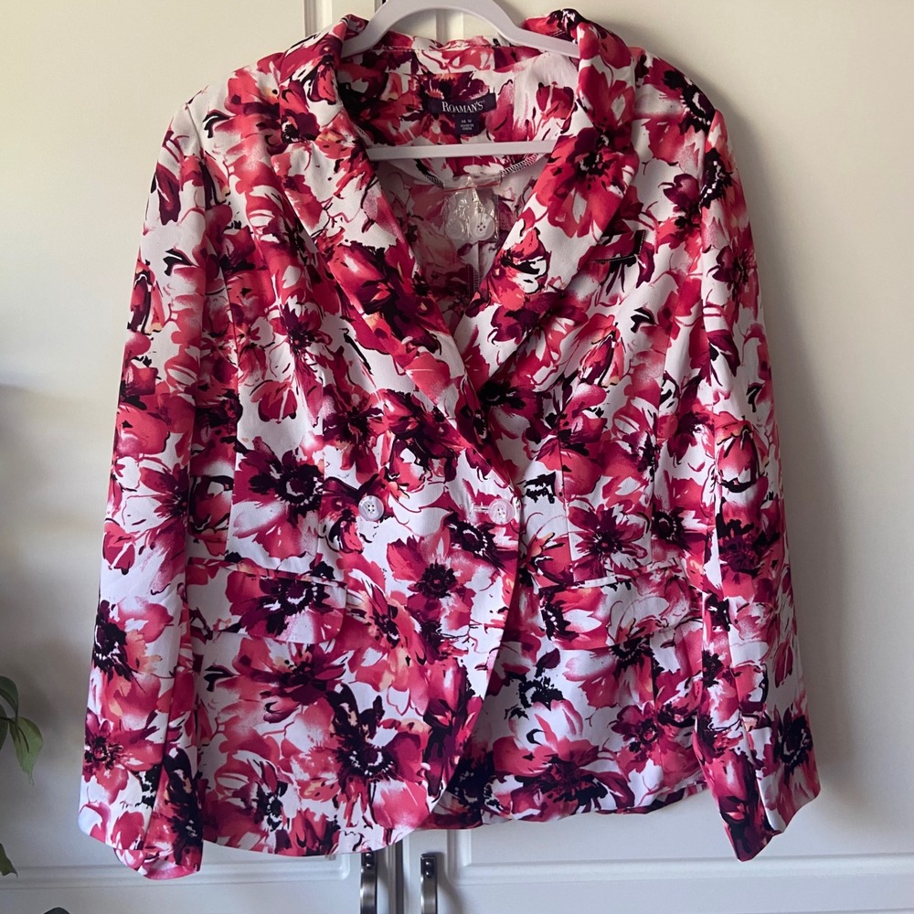 Roamans Womens 16W Pink Floral Double Breasted Blazer Jacket Shoulder Pads Lined